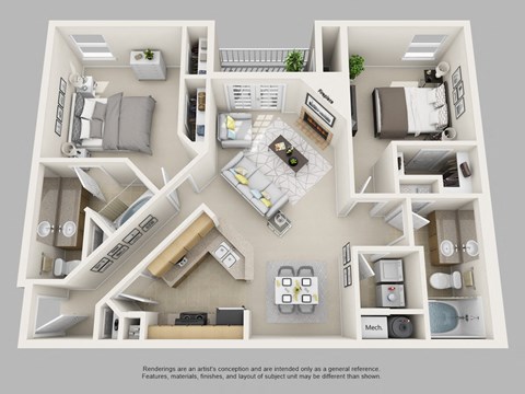 Floor plan for 2 beds, 2 baths, 1230 sqft